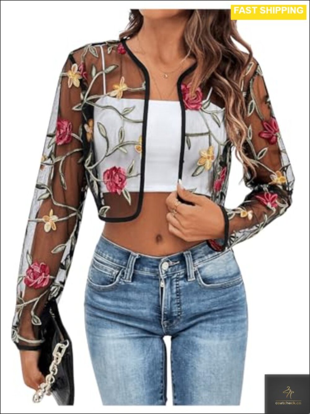 Sheer Floral Embroidered Open Front Crop Cardigan Long Sleeve